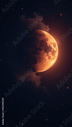 Penumbral eclipse begins, shadow subtly darkening moon, lunar eclipse, subtle, picture