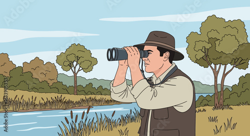 Man Observing Nature With Binoculars Near The Lake In A Sunny Day