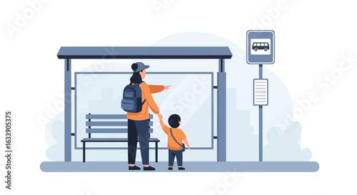 Mother And Child Waiting For The Bus At A City Bus Stop