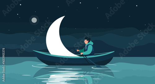 Man On Boat Sailing With Moon In Peaceful Night Lake Illustration