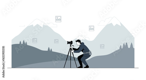 Man Photographer Shooting Beautiful Mountain Scenery With Professional Equipment