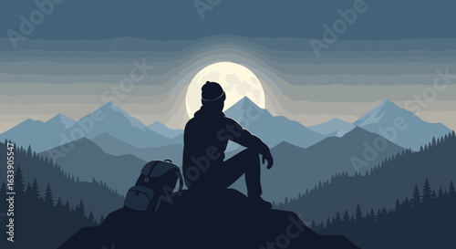 Lone Hiker Gazing at Majestic Mountain Vista Under a Full Moon