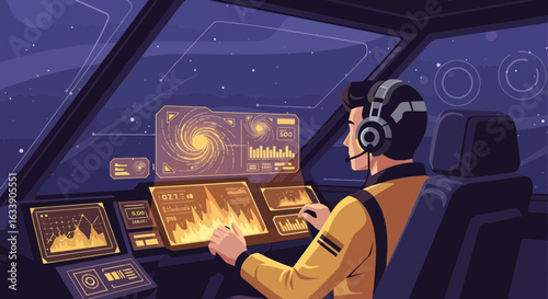 Man Piloting Spaceship In A Futuristic Cockpit With Digital Displays Control Panel