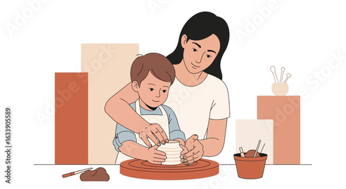 Mother And Son Enjoying Creative Pottery Session Together Bonding Activity