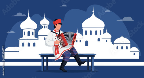 Man Plays Accordion With Kremlin Silhouette Backdrop in Russia on a Bench