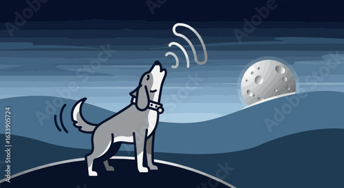 Lonely Dog Howling At The Moon Under A Starry Night Sky Illustration