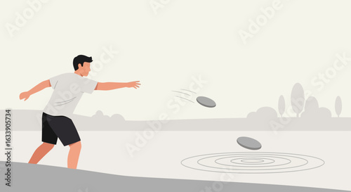 Man Playing Stone Skipping Game At Lake With Silhouette Background