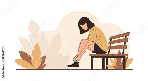 Lonely Girl Sitting On A Bench Tying Her Shoe In A Park Illustration