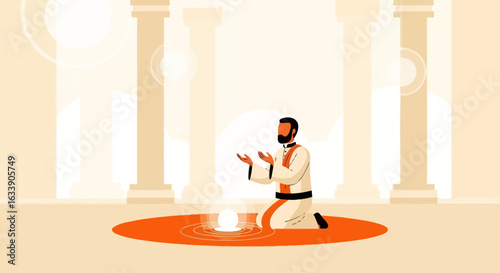 Man Praying On Knees In Temple With Traditional Dress And Light Effect