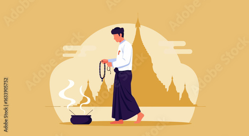 Man Praying With Prayer Beads at Temple in Myanmar Traditional Attire