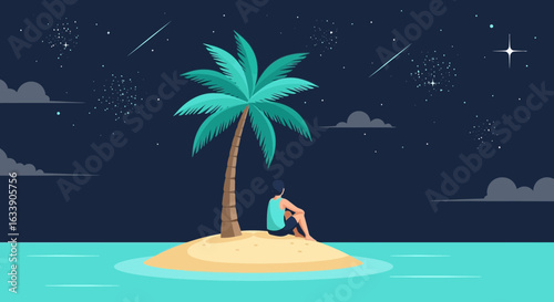 Lonely Man Under Palm Tree Contemplating On The Desert Island At Night