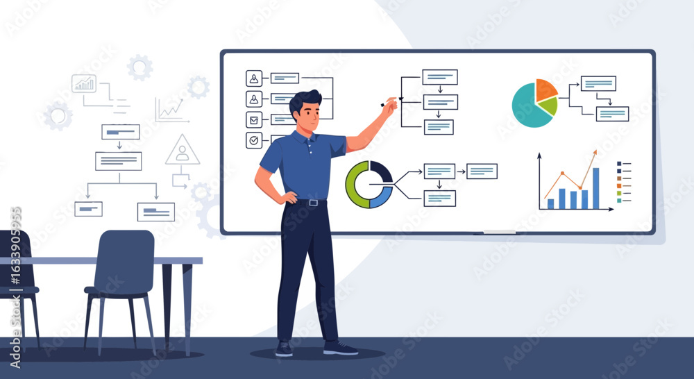 Fototapeta premium Man Presenting Business Charts And Diagrams On Whiteboard In Meeting Presentation