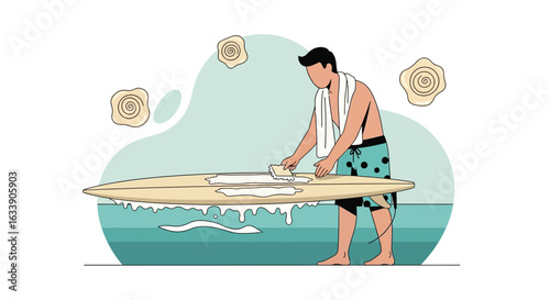 Man Prepares Surfboard By Waxing For Summer Surfing Adventures