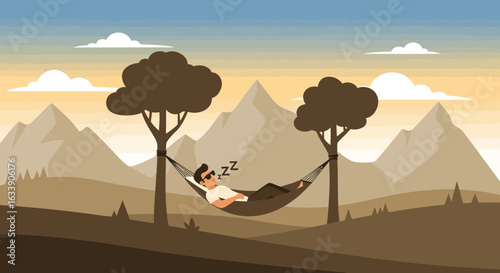 Man Relaxing In Hammock At Nature Place With Mountain Landscape View