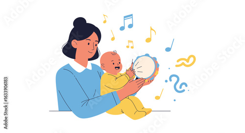Musical Bonding Mom And Baby Explore Sounds Together With Tambourine Instrument