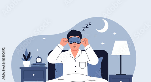 Man Relaxing In Bed With A Sleeping Mask At Night For Better Sleep
