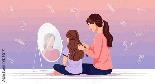 Loving Moment Mother Braiding Daughter Hair In Front Of Mirror At Home