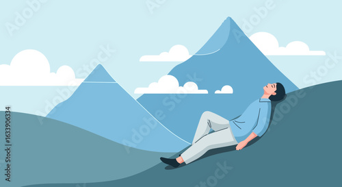 Man Resting Atop Hill In Nature Background For Tranquility And Relaxation