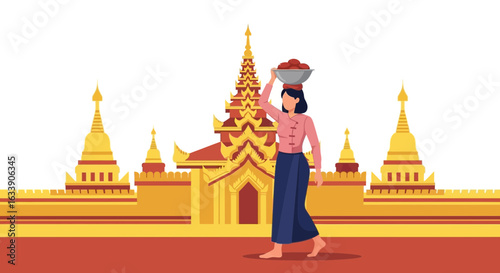 Myanmar Woman Carrying Food in a Bowl on Her Head with Burmese Pagodas