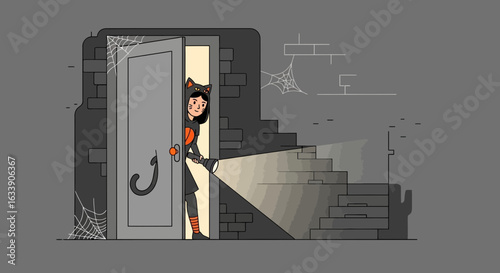 Mysterious Halloween Adventures Exploring Dark Basements With Flashlights As Cat Characters