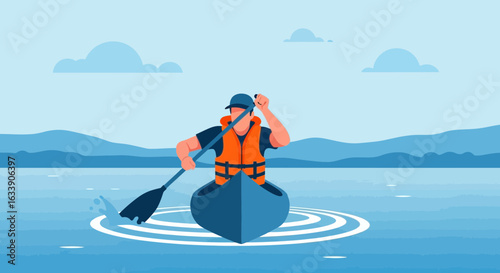 Man Rowing Canoe Across Serene Lake On A Sunny Day Minimalist Illustration