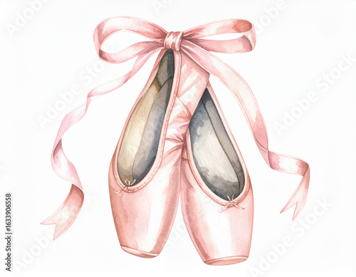 A delicate watercolor illustration of pink ballet pointe shoes with flowing ribbons tied in a bow, capturing elegance and grace on a white background.