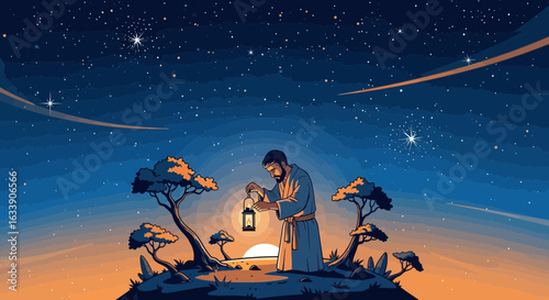 Man Seeks Wisdom Underneath a Starry Sky With a Lantern Light