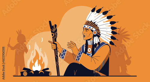 Native American Chief Storytelling By The Fire Under The Stars