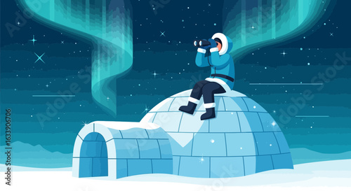 Man Sits On Igloo Watching Northern Lights With Binoculars At Night