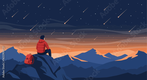 Man Sitting On Rock Watching Shooting Stars In Night Sky Landscape View