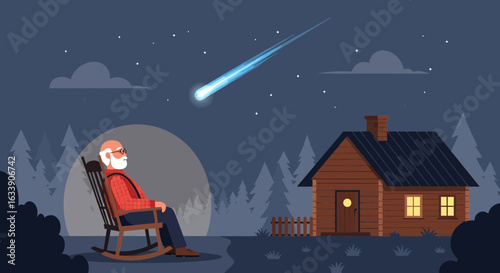 Man Sitting On Rocking Chair Watching A Shooting Star At Night