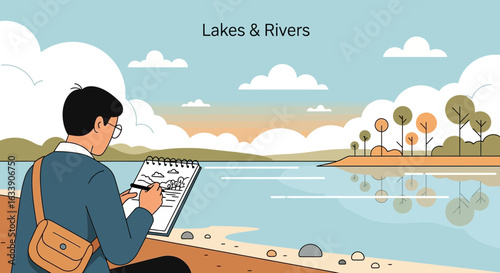 Nature Artist Capturing Serene Lake Scenery in Sketchbook with Creative Landscape Drawing