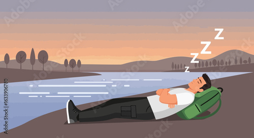 Man Sleeping Peacefully With Backpack After Hiking Along River Bank