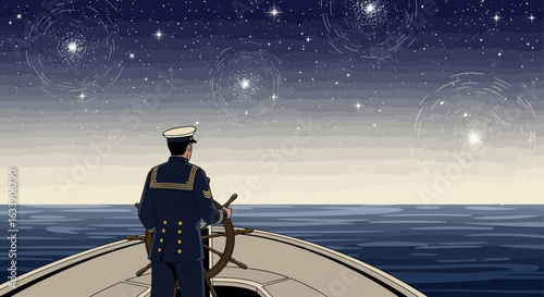 Navigator Guides Ship Under Starry Night Sky On Ocean Voyage