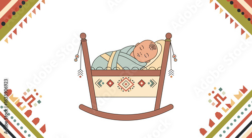 Newborn Baby Sleeping Peacefully In A Wooden Cradle With Ethnic Ornament