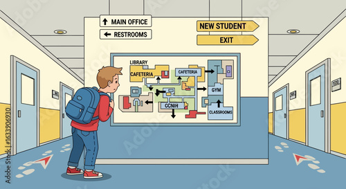 New Student Orients Himself With the School Map to Find the Correct Classroom