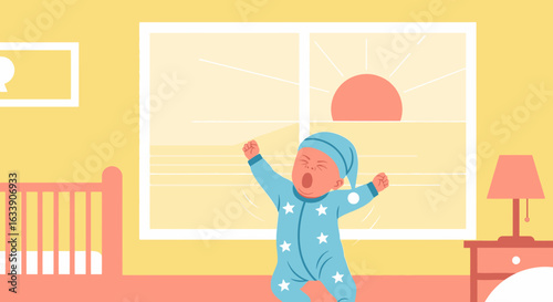 New Day Begins Cheerful Baby Stretching After Waking Up In Bedroom