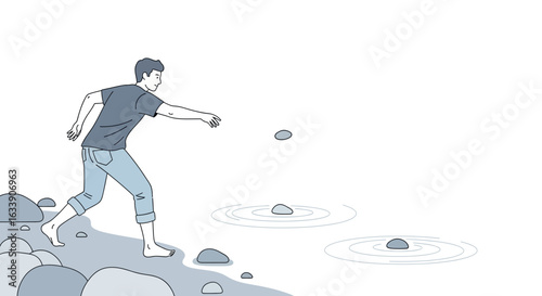 Man Throwing Rocks Skipping Stones on Water Minimalist Line Art Illustration