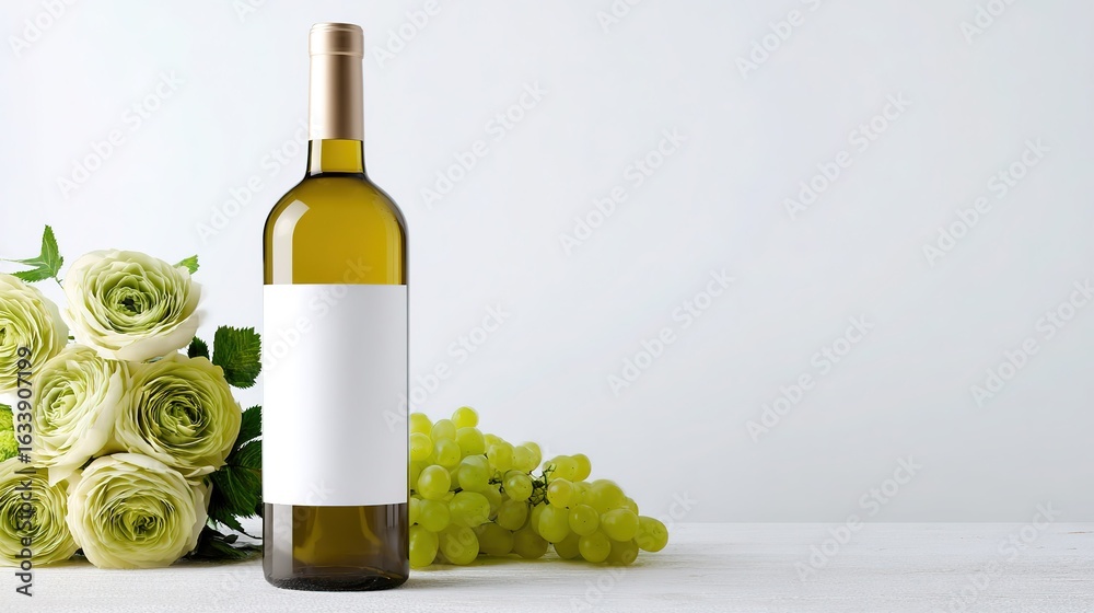 Fototapeta premium Still Life of White Wine Bottle, Green Grapes, and White Flowers Representing Simplicity and Elegance