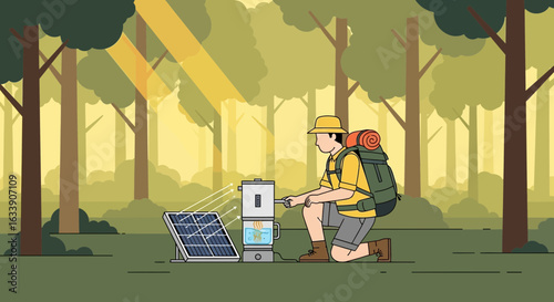 Man Using Solar Panel For Energy While Camping In A Forest Scene