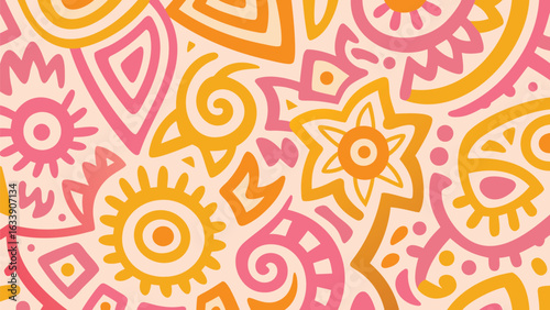 Abstract pattern featuring sun shapes spirals triangles and other geometric forms in pink and yellow hues