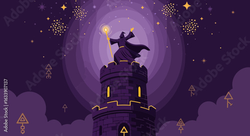 Majestic Wizard Conjuring Spells Atop A Mystical Castle In The Night Sky