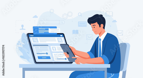 Man Using Tablet For Online Management, Business, Learning and Researching