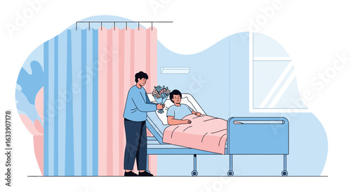 Man Visiting Friend In Hospital Bringing Flowers With Get Well Wish