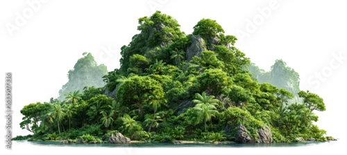 Obraz  z motywem Tropical jungle island with dense green vegetation, isolated on transparent cutout background