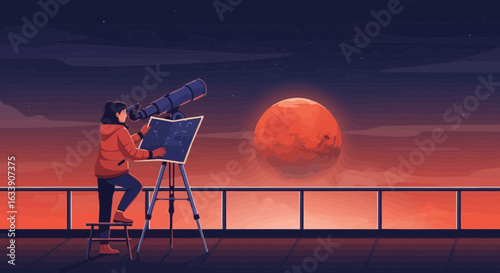 Night Vision Person Looking Planet With Telescope And Map On The Roof