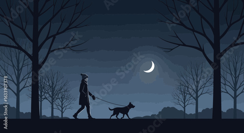 Nightly Stroll Serene Silhouette of Woman Walking Dog Under Moonlight