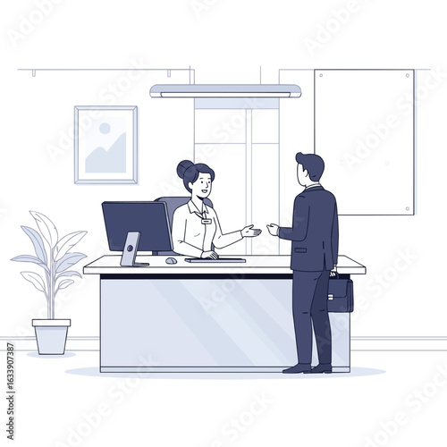 Receptionist Talking to Office Visitor at Front Desk Illustration


