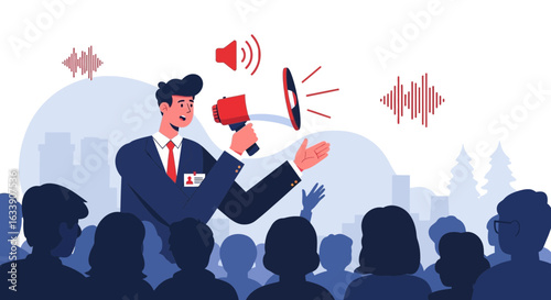 Man With Megaphone Addressing A Group Of People In Front Of The City