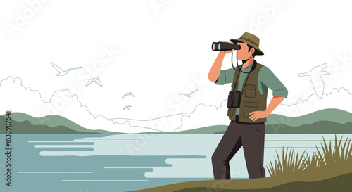 Man Birdwatching On Serene Lake With Binoculars In A Landscape View
